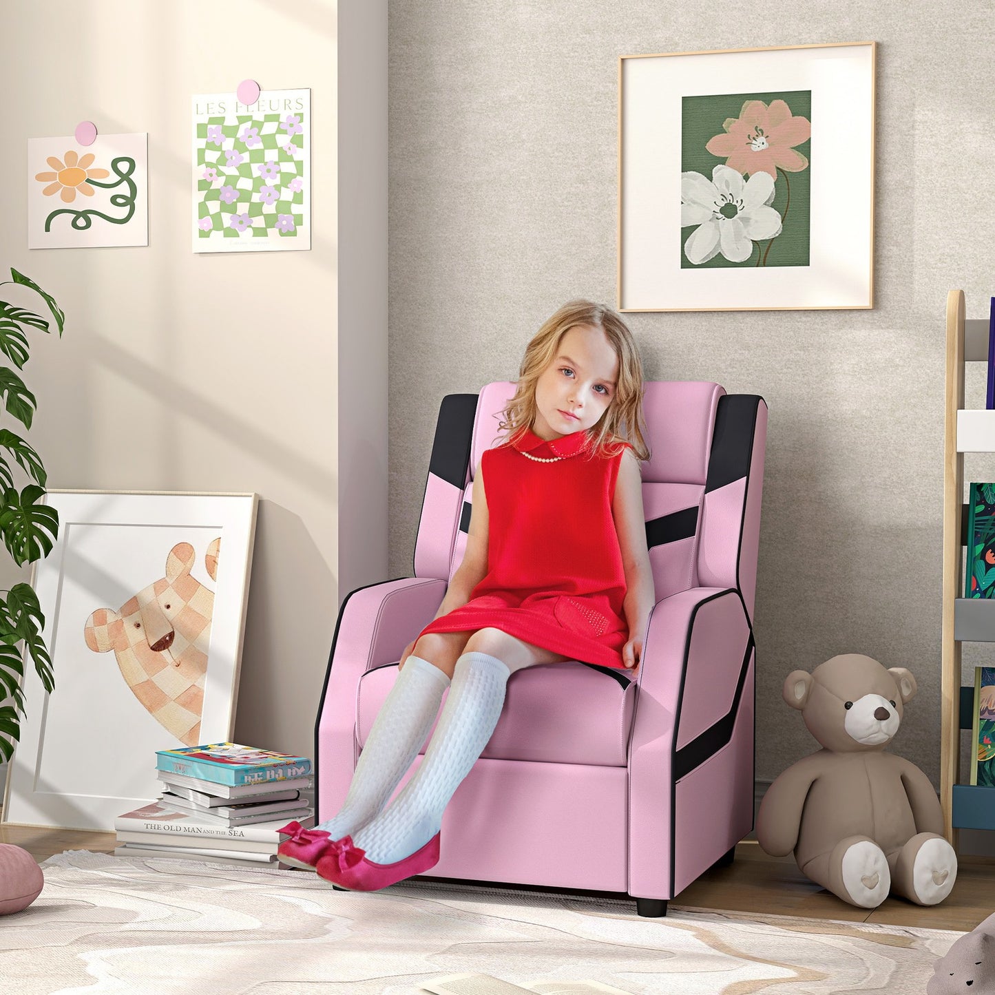AIYAPLAY Kids Recliner, PU Leather Toddler Armchair Gaming Chair, Pink