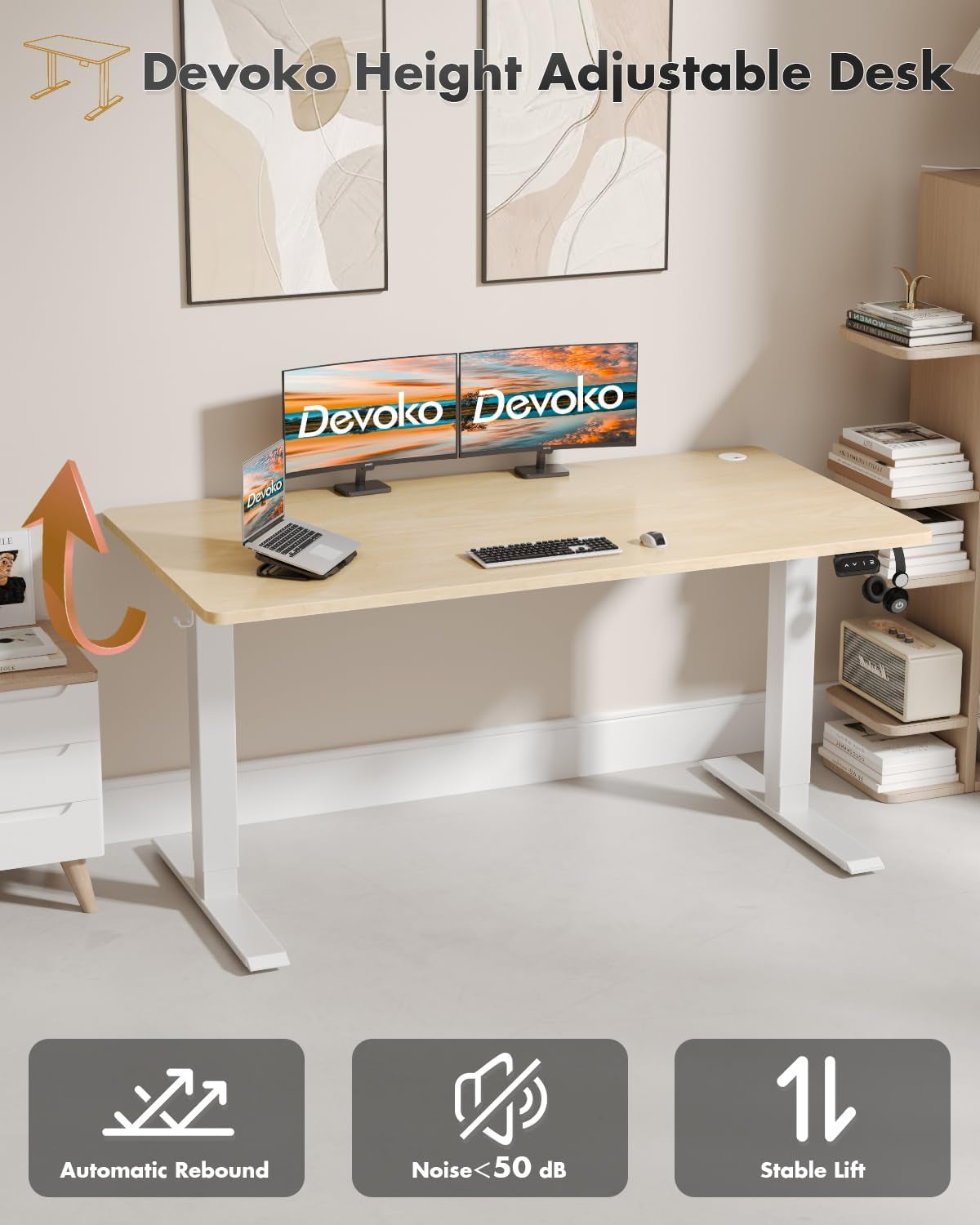 Electric Standing Desk 120X60Cm Sit Stand Table Height Adjustable Desk with Backpack Hook and Memory Smart Panel, Home Office with Splice Board, Beige | Ergonomic Desk Table with 2 Memory for Telework, Anti-Collision Function, Noise <50 Db, Load 70 Kg