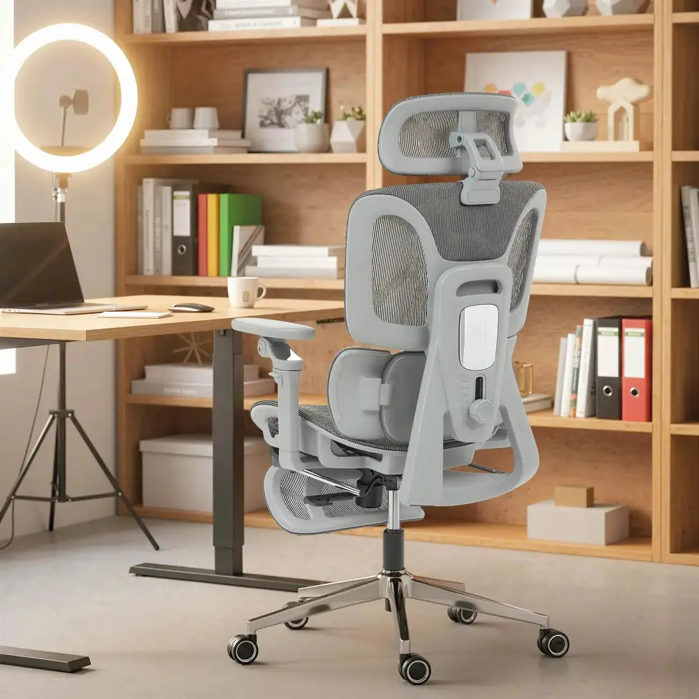 Grey ergonomic office chair with separated backrest, high mesh back, adjustable headrest and armrests