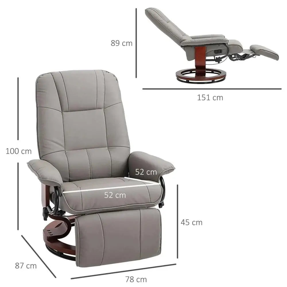 Gray leather recliner chair with wooden base and footrest.