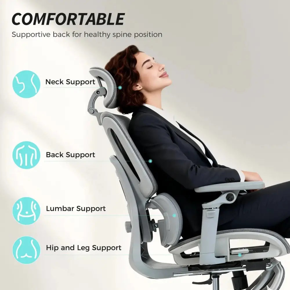 Ergonomic high-back grey mesh chair with separated backrest and lumbar support; neck, back, hip, leg support.