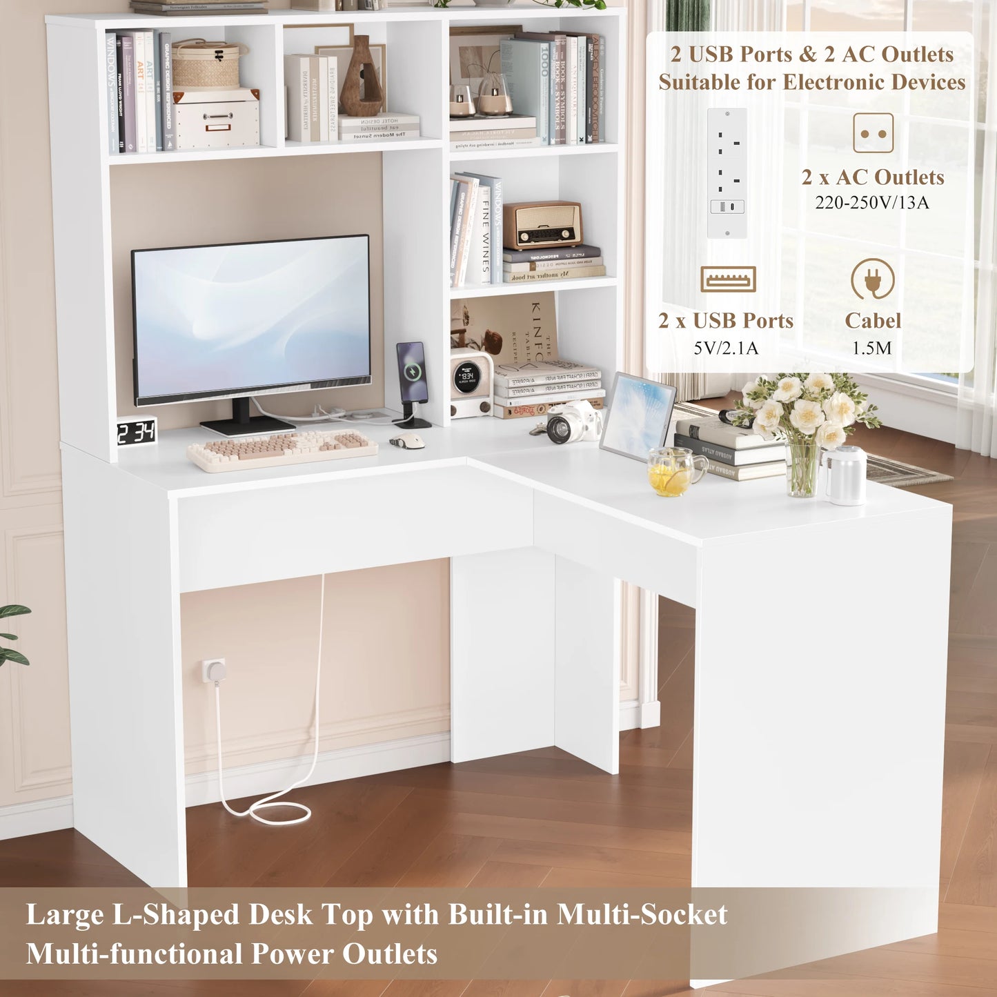 Desk Corner Desk White L Shaped Computer Table Office Table for Study Home Office 124.7X107.8X152.5 Cm