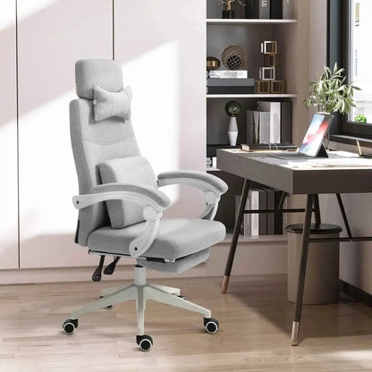 Gray upholstered ergonomic office chair with adjustable headrest and armrests, featuring a five-star base with casters.