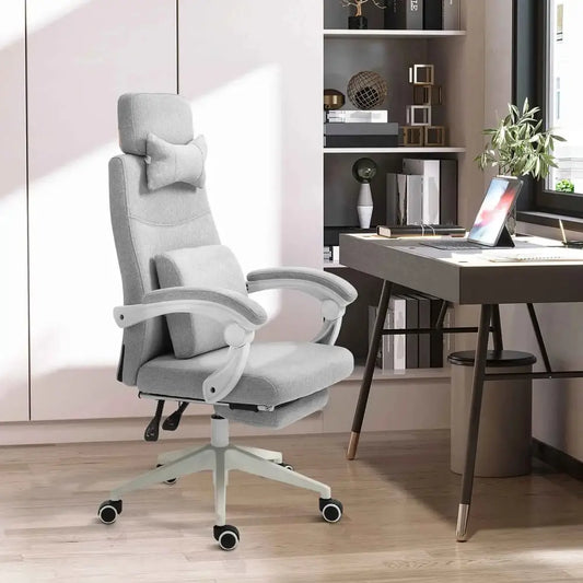 Gray upholstered ergonomic office chair with adjustable headrest and armrests, featuring a five-star base with casters.