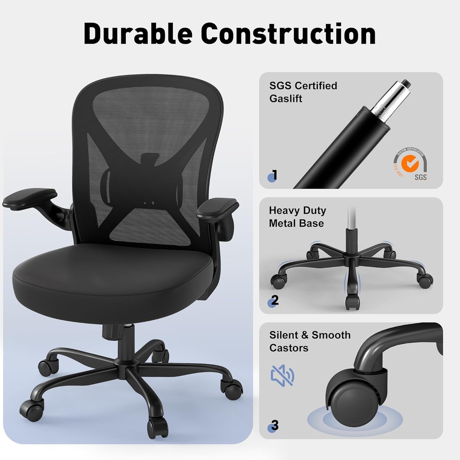 Ergonomic Mesh Office Chair with Adjustable Lumbar Support ＆ Flip-Up Arms, Breathable Computer Home Desk Chair with 360 & Height Adjustment, Black