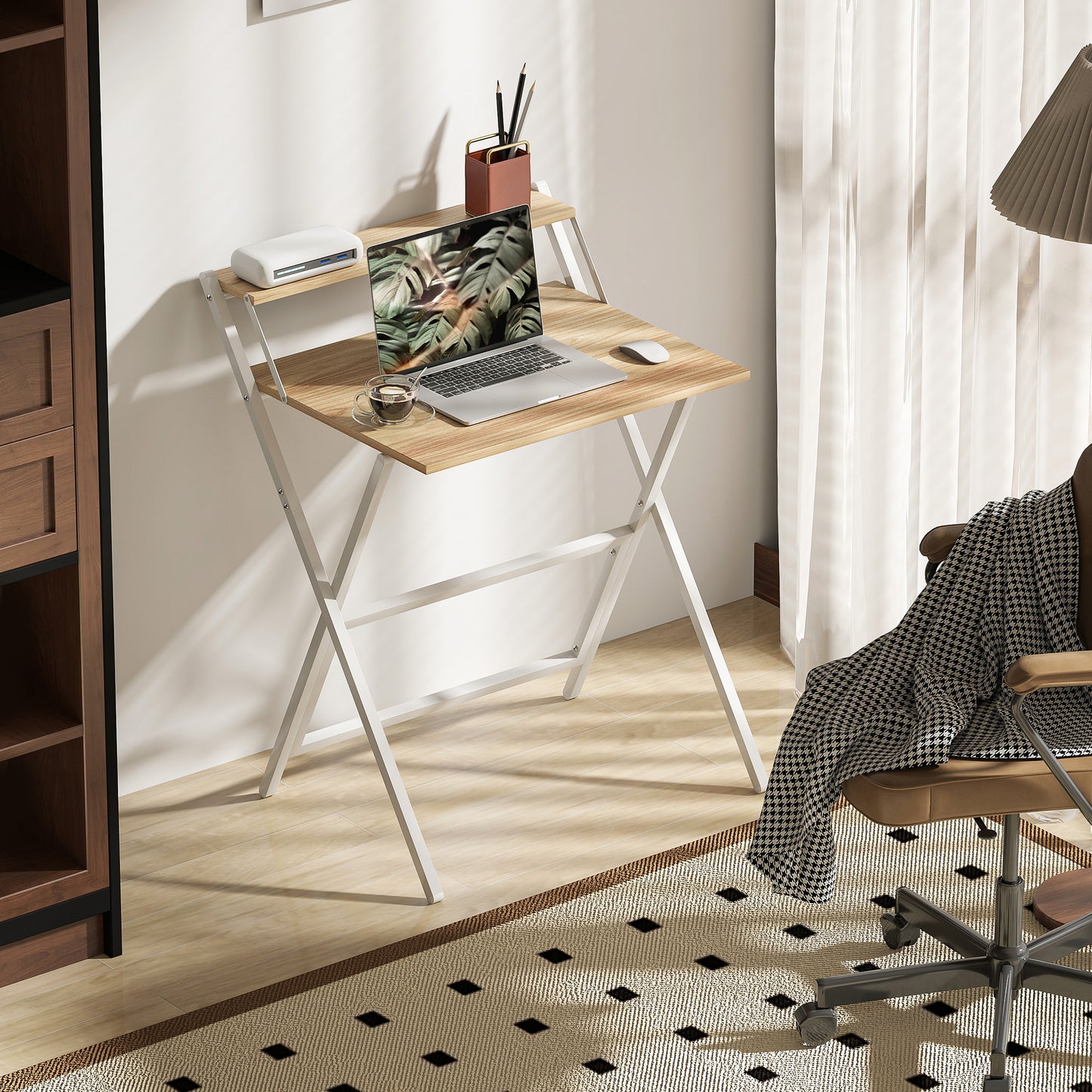 Small Folding Desk W/ Monitor Shelf 81.5 Cm Foldable Computer Desk Rustic Brown