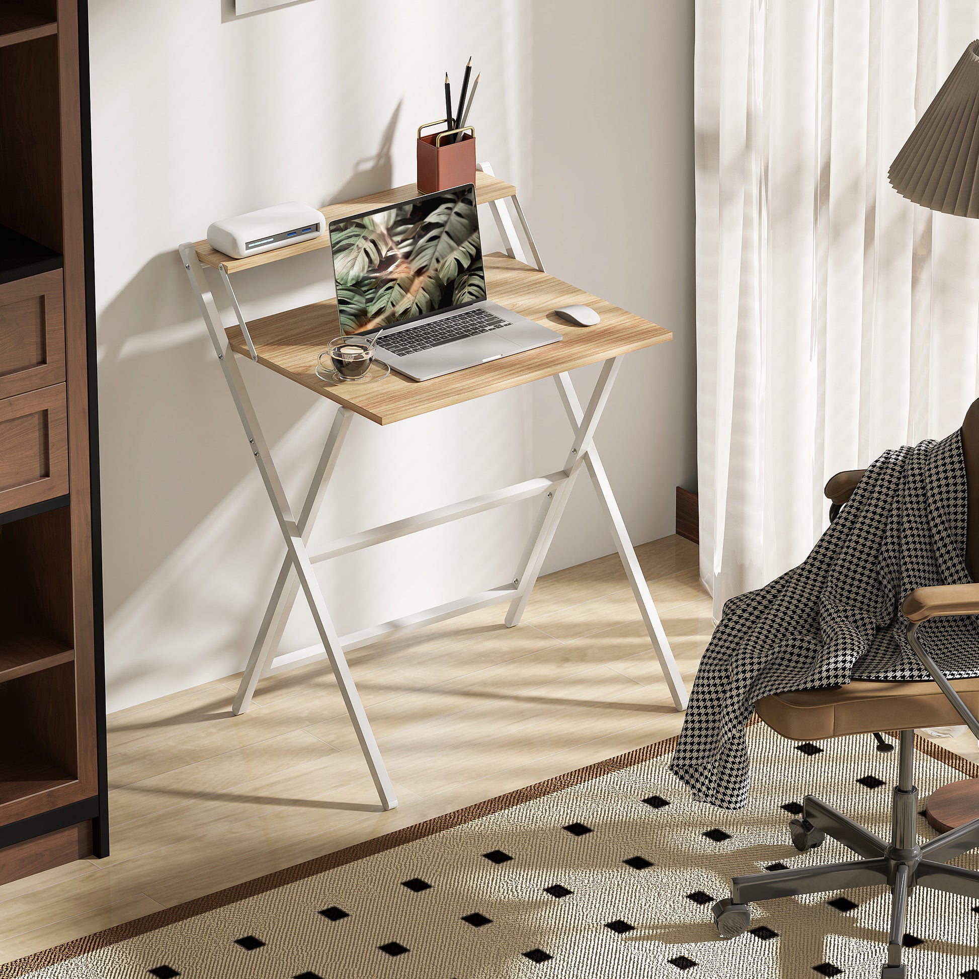 Small Folding Desk W/ Monitor Shelf 81.5 Cm Foldable Computer Desk Rustic Brown