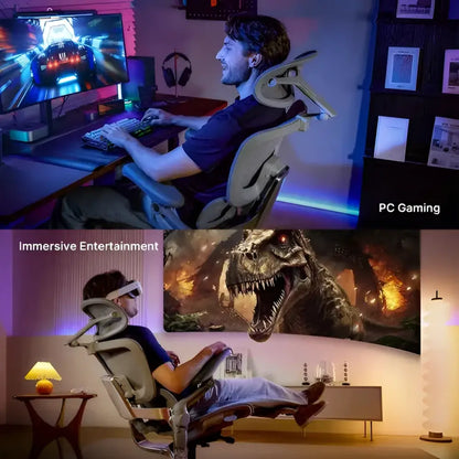 Ergonomic gaming chair with adjustable headrest and lumbar support, upholstered in gray fabric with black accents