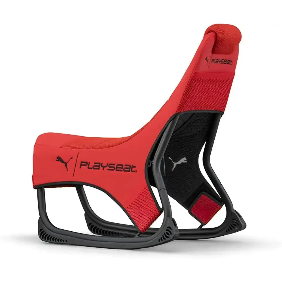 Red and black puma playseat gaming chair with mesh fabric upholstery.