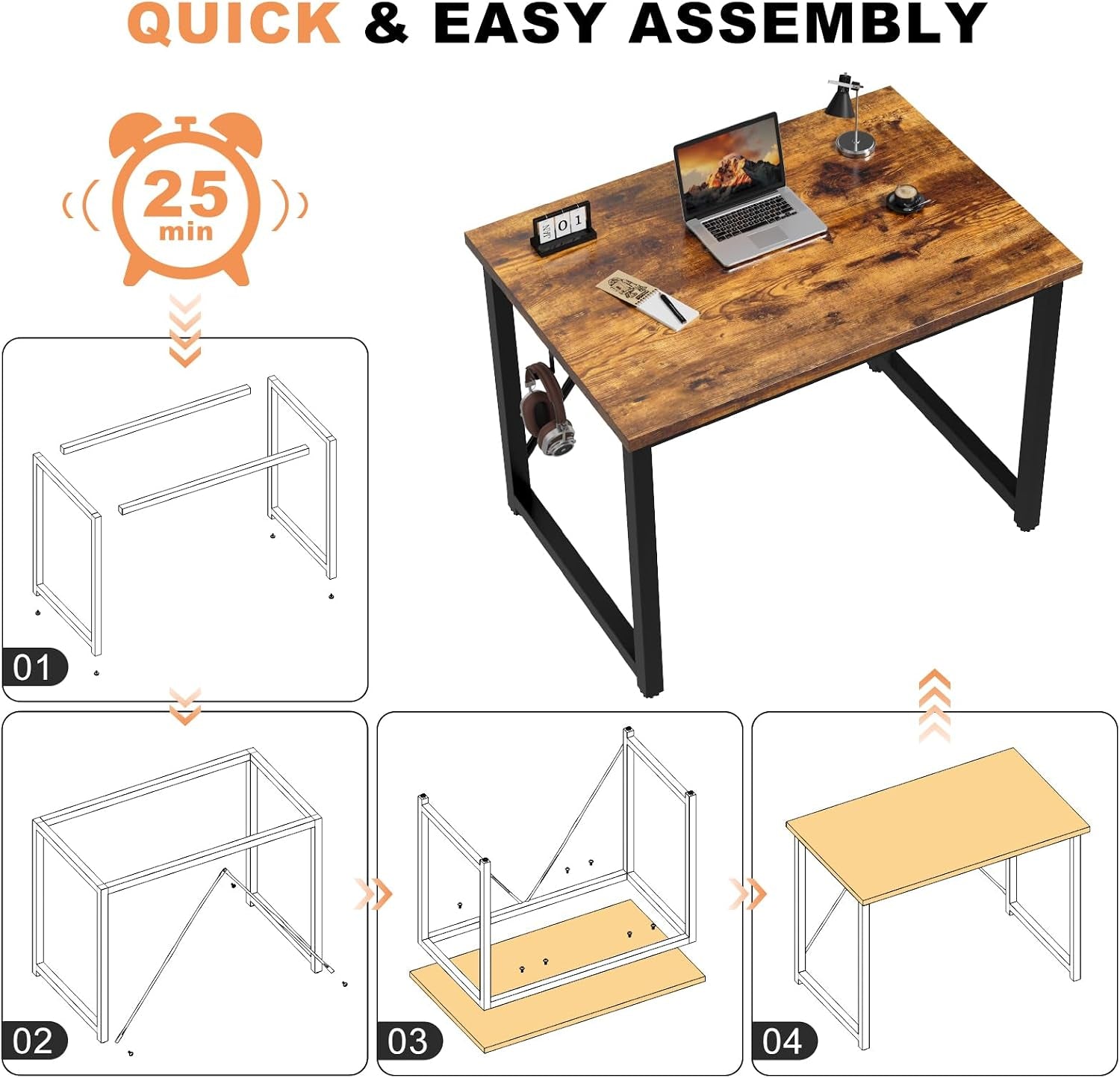 Computer Desk 80 X 50 X 75 Cm, Home Office, Study Writing Desks Small Desks for Small Spaces, Laptop Table for Home Workstations, Industrial Design Black Desk Metal Frame, Rustic Brown