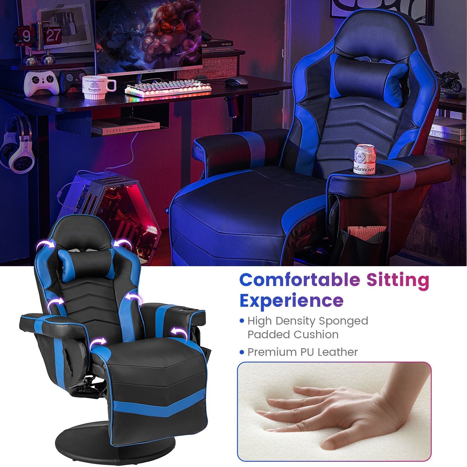 Electric Massage Gaming Chair with Cup Holder and Side Pouch