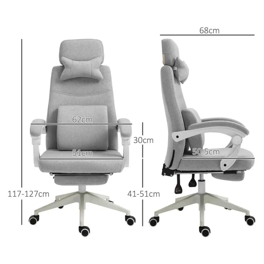 Gray fabric office chair with adjustable headrest and lumbar support, featuring a five-star base with casters.