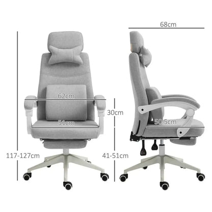 Gray fabric office chair with adjustable headrest and lumbar support, featuring a five-star base with casters.