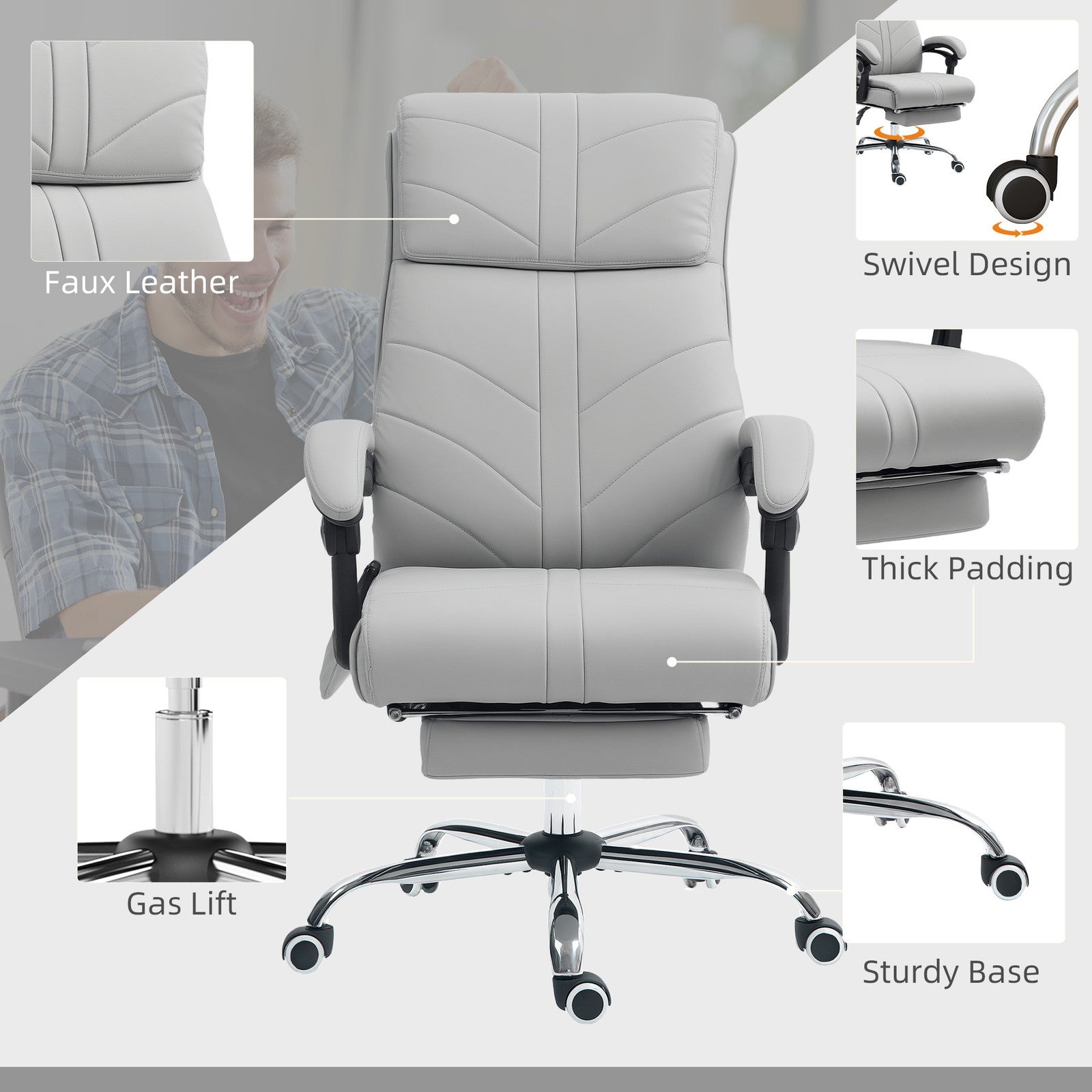 Office Chair with 4 Point Vibration Massage and Heat, Footrest, Light Grey