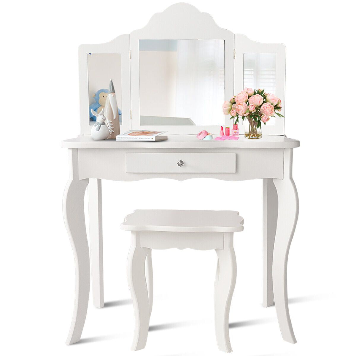 Kids Wooden Vanity Table and Stool Set with Detachable Top Folding Mirrors