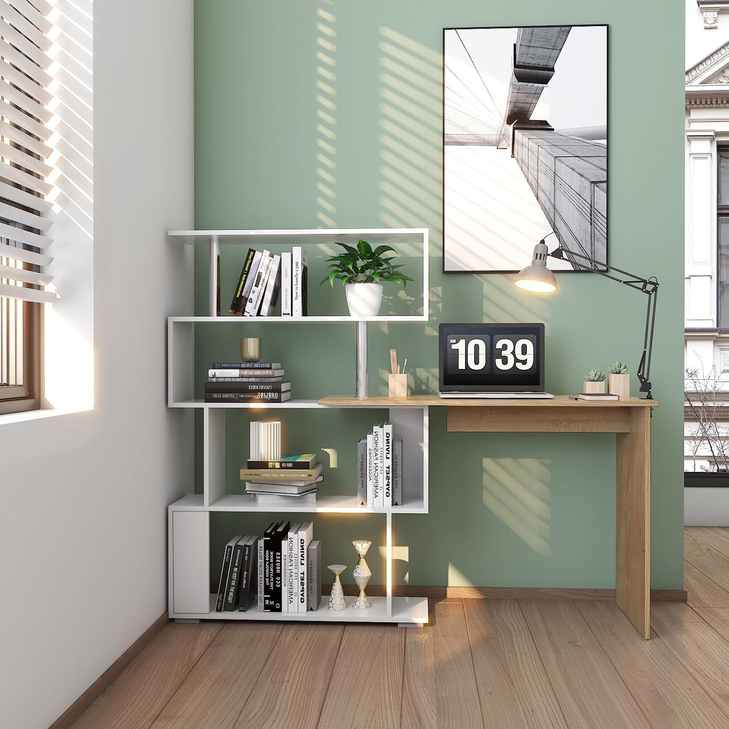 Corner Desk, L Shaped Desk with Rotatable Storage Shelves Oak&White