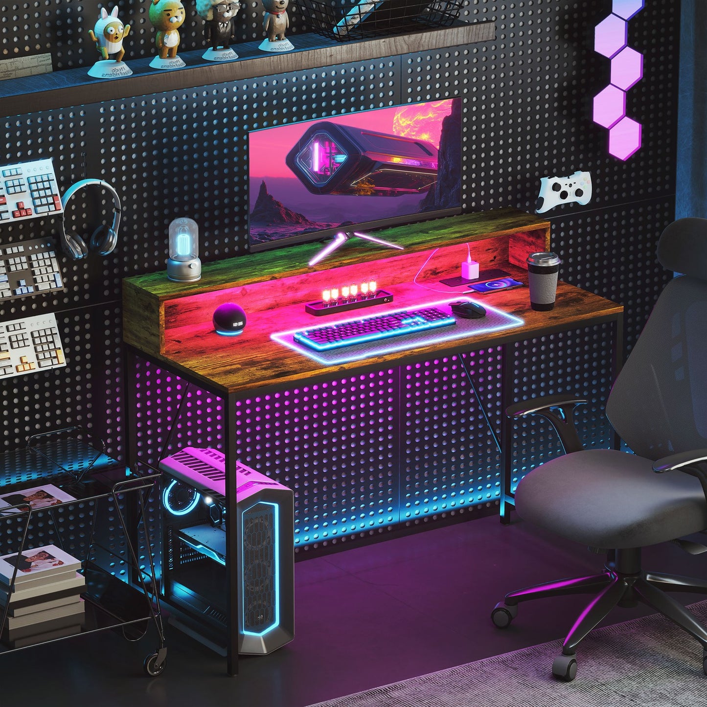 HOMCOM Computer Table with LED Lights, Gaming Desk with Shelf, Rustic Brown