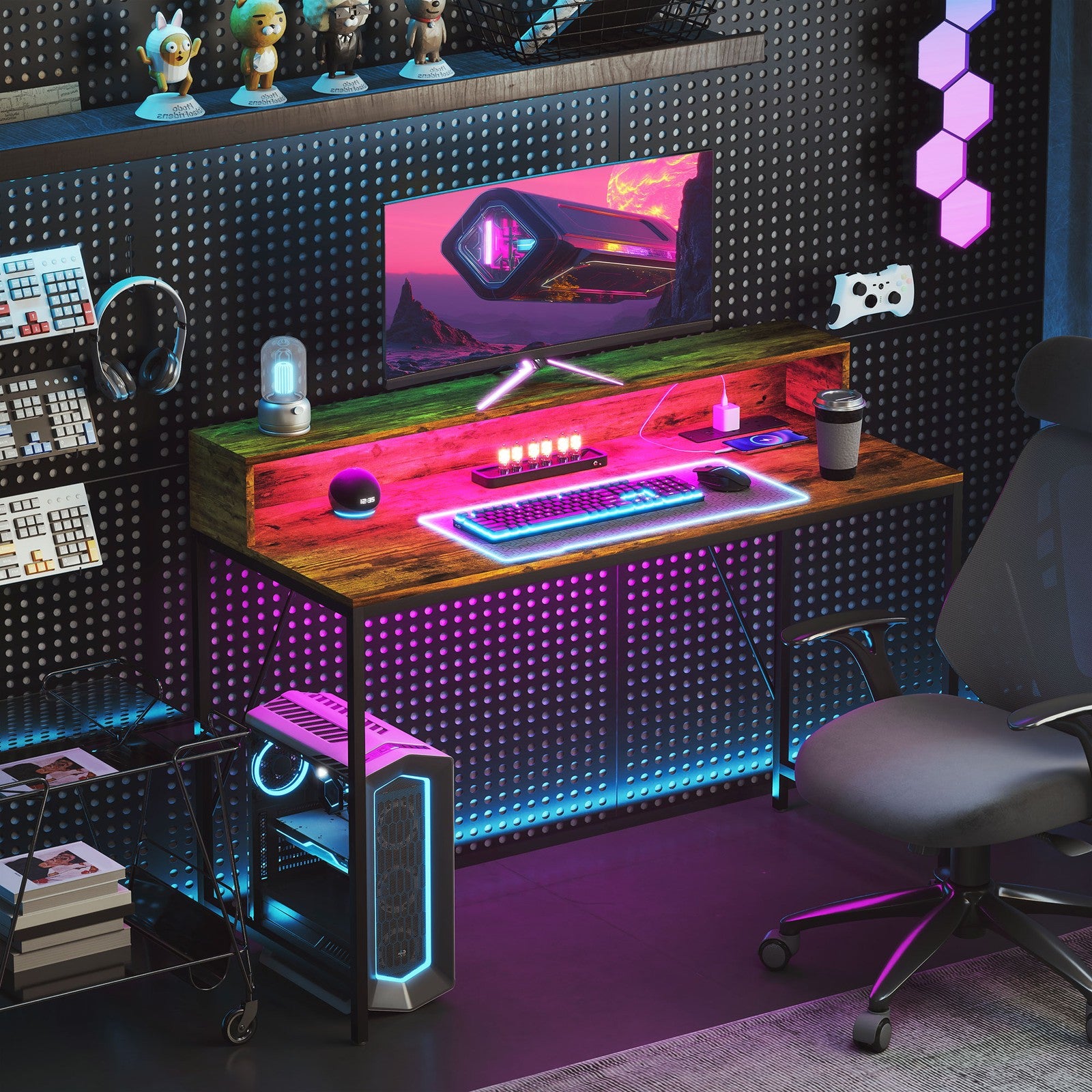 HOMCOM Computer Table with LED Lights, Gaming Desk with Shelf, Rustic Brown