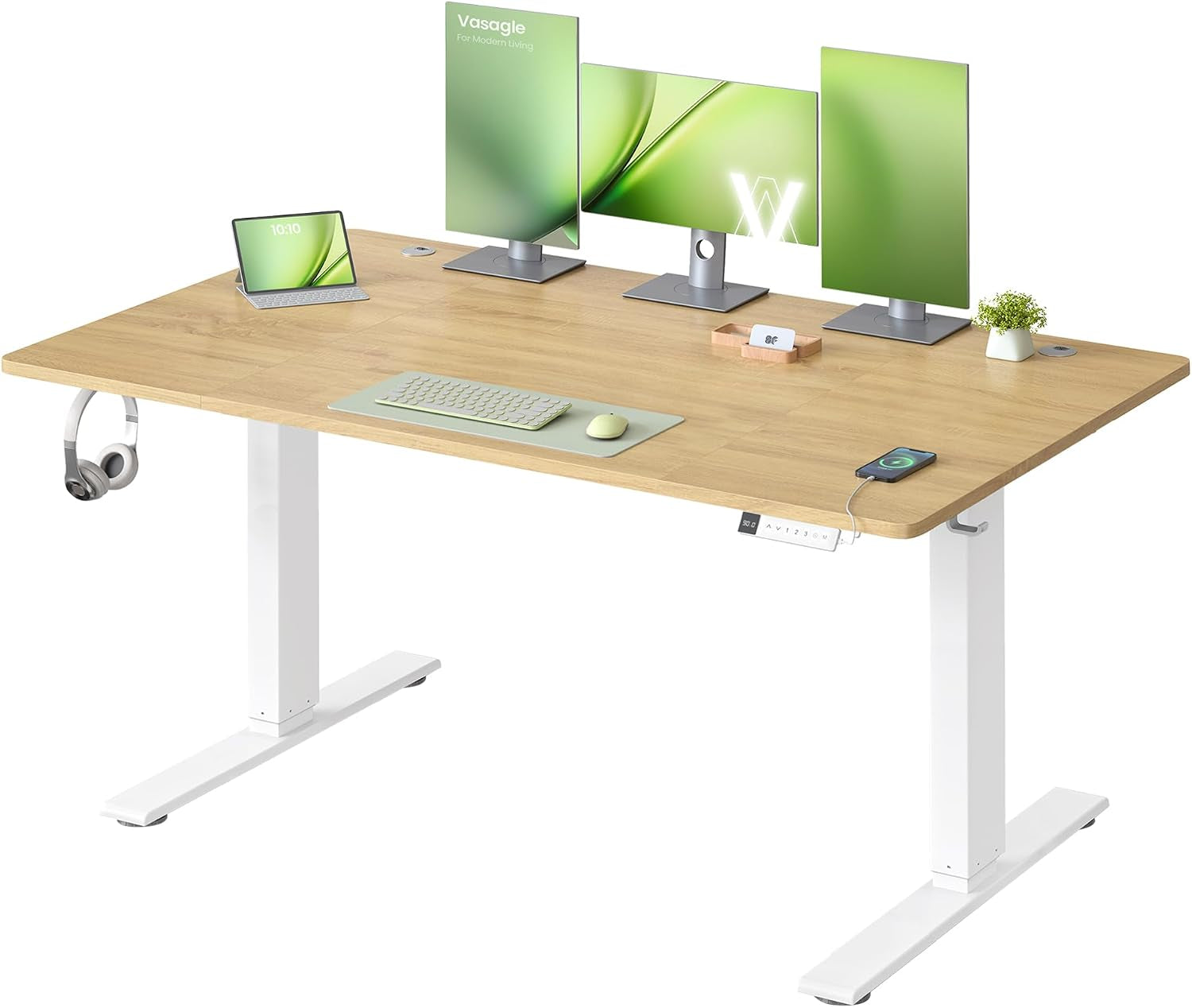 Electric Standing Desk, USB C Port, Cable Tray, Golden Oak