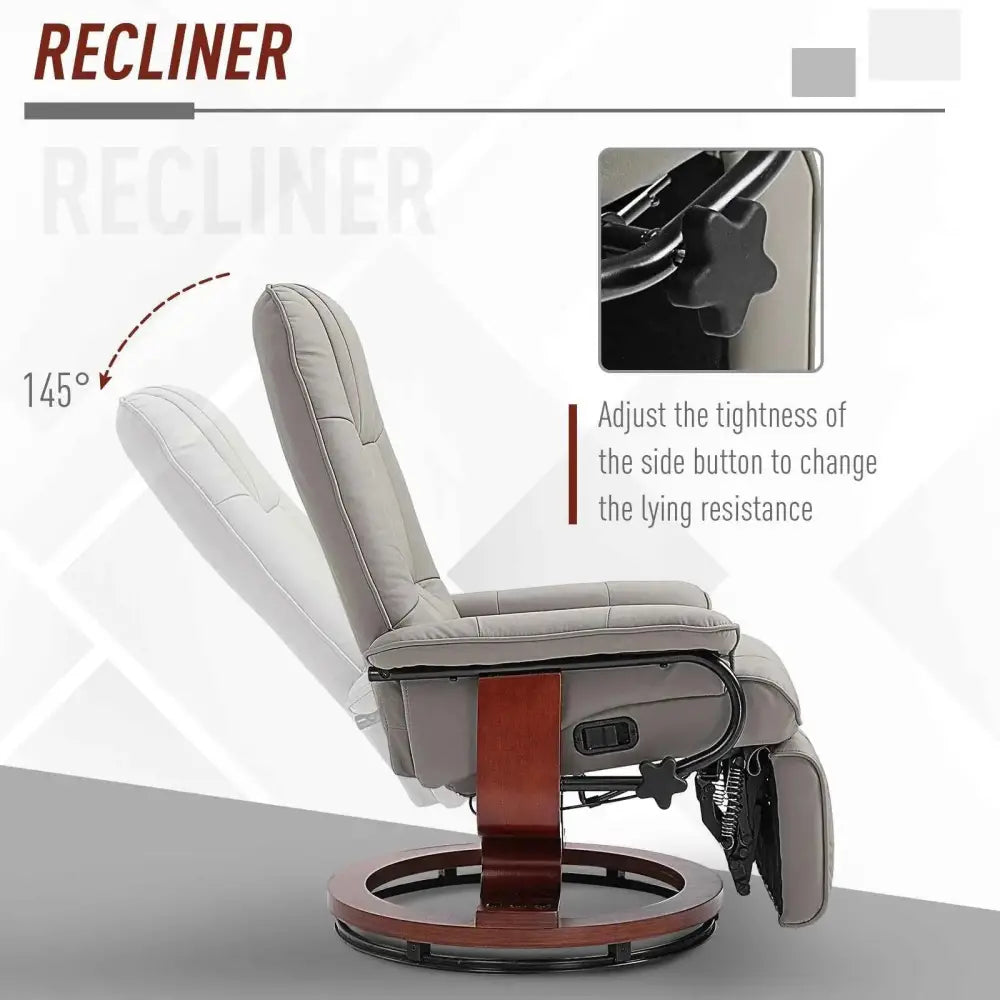 Gray upholstered recliner chair with a wooden base and circular footrest.