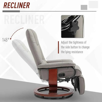 Gray upholstered recliner chair with a wooden base and circular footrest.