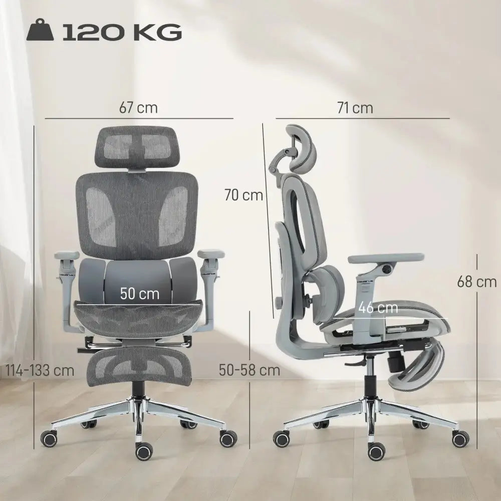 Ergonomic office chair with separated backrest and high grey mesh back, adjustable headrest and armrests.