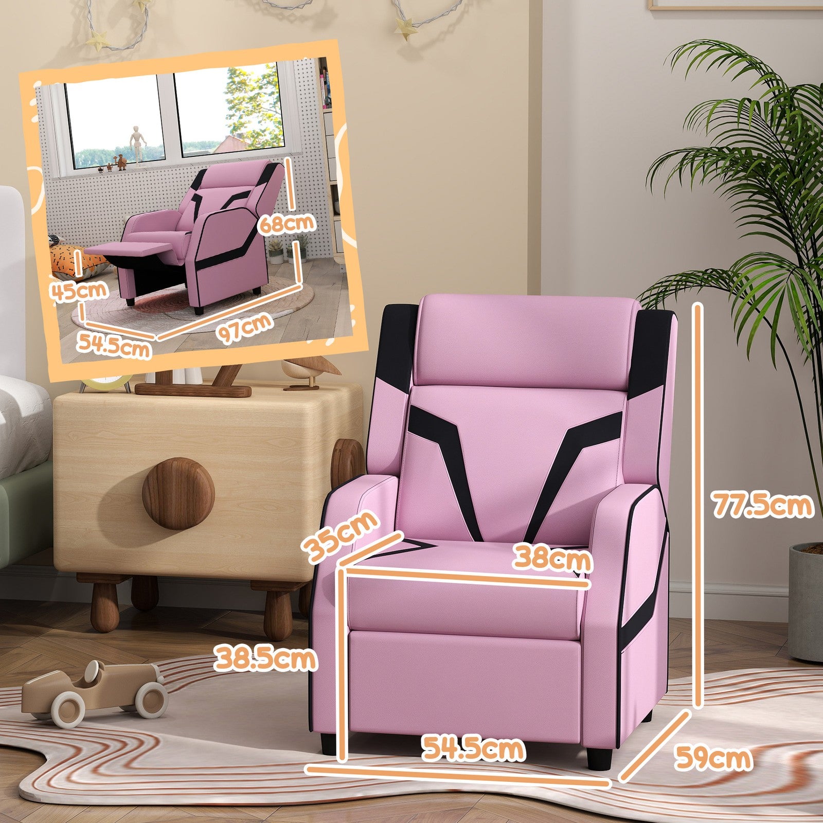 AIYAPLAY Kids Recliner, PU Leather Toddler Armchair Gaming Chair, Pink