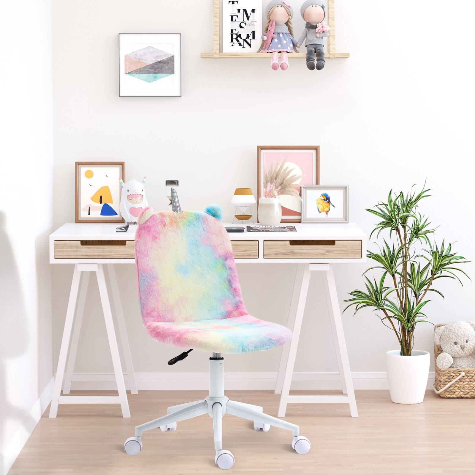 Fluffy Unicorn Office Chair with Swivel Wheel, Cute Desk Chair, Rainbow