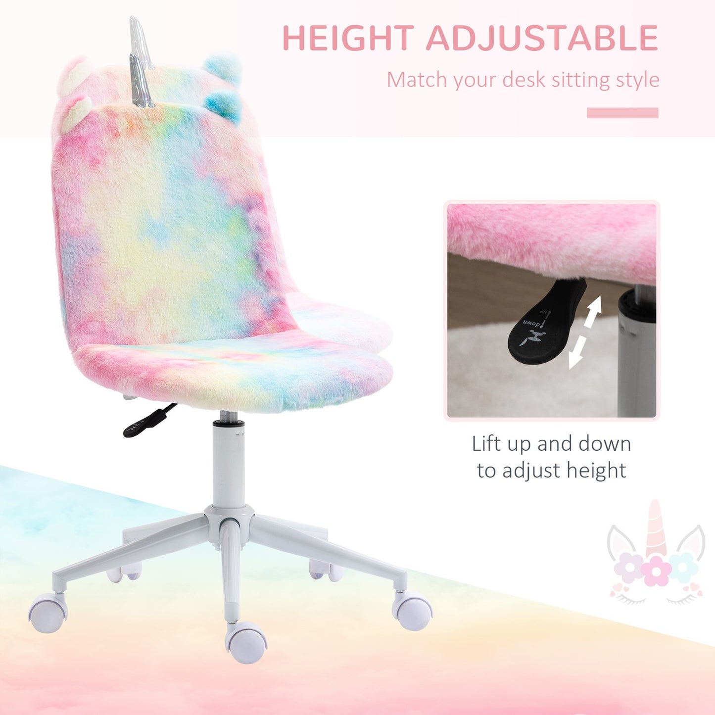 Fluffy Unicorn Office Chair with Swivel Wheel, Cute Desk Chair, Rainbow