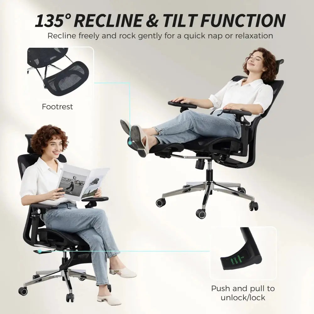 Grey ergonomic office chair with separated backrest, high-back mesh back, headrest, footrest, and adjustable armrests.