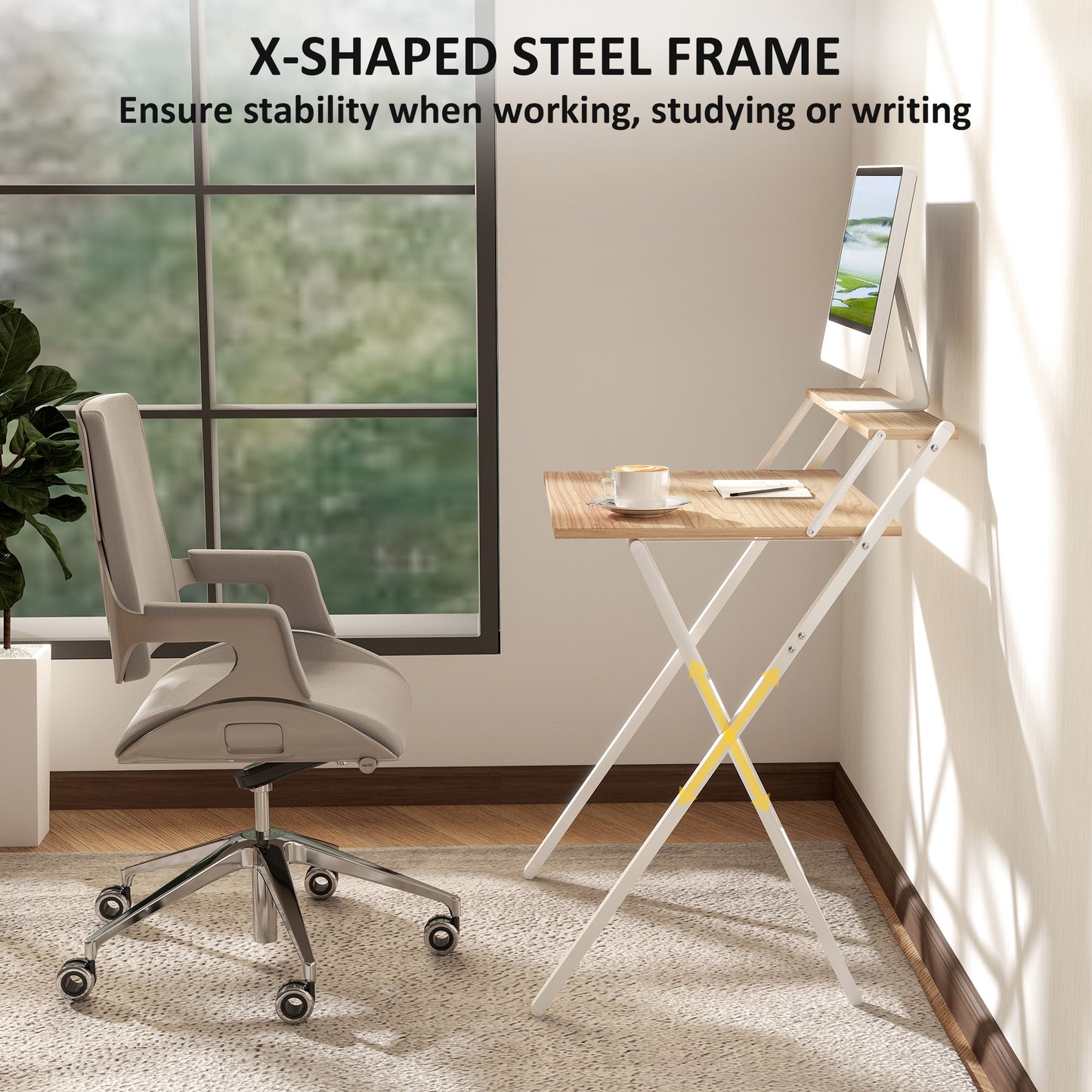 Small Folding Desk W/ Monitor Shelf 81.5 Cm Foldable Computer Desk Rustic Brown