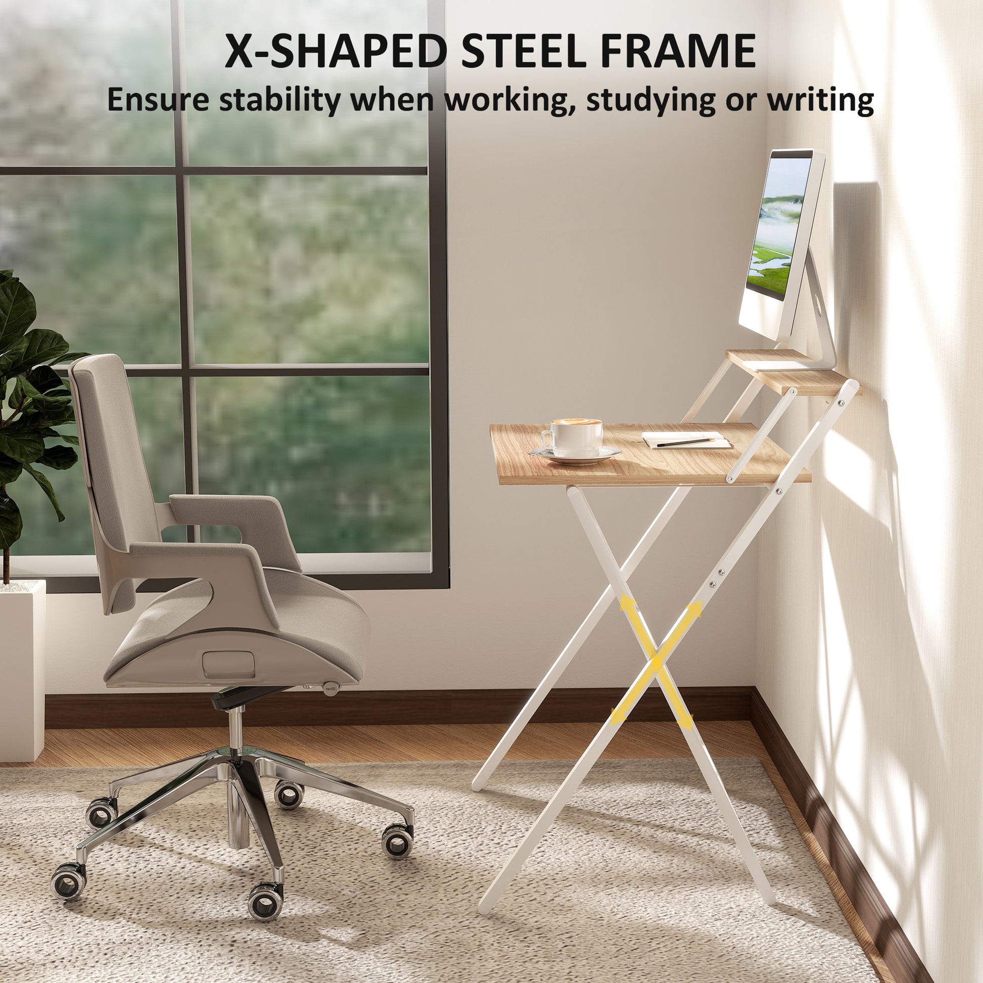 Small Folding Desk W/ Monitor Shelf 81.5 Cm Foldable Computer Desk Rustic Brown