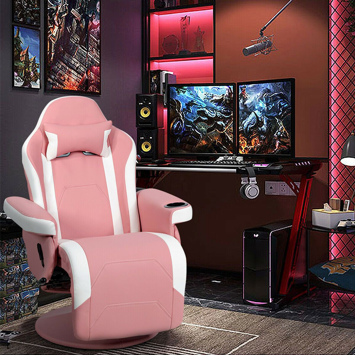 Electric Massage Gaming Chair with Cup Holder and Side Pouch