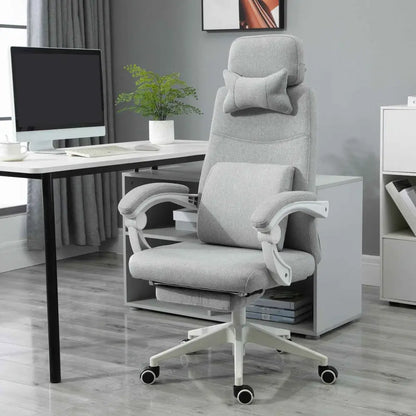 Gray fabric office chair with adjustable lumbar and headrest pillows, white plastic base and casters.