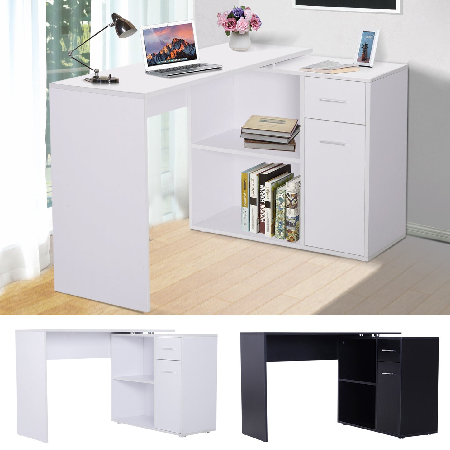 L-Shaped Computer Desk Dining Table W/ Storage Shelf Drawer for Home Office