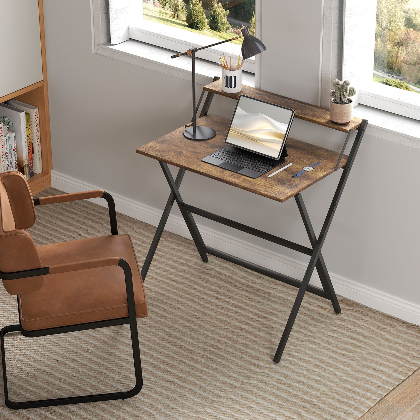 Small Folding Desk W/ Monitor Shelf 81.5 Cm Foldable Computer Desk Rustic Brown