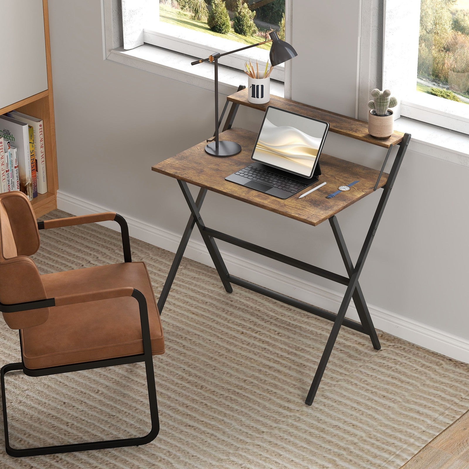 Small Folding Desk W/ Monitor Shelf 81.5 Cm Foldable Computer Desk Rustic Brown