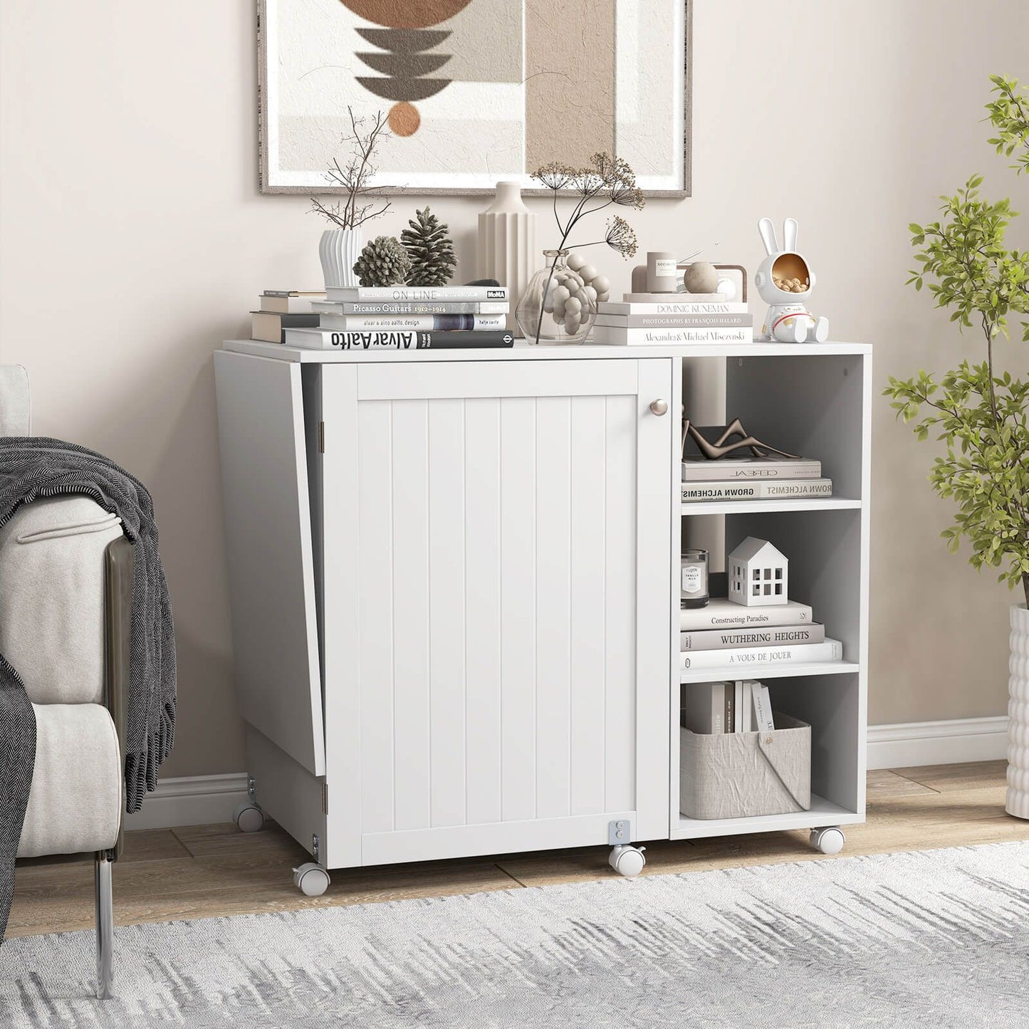 Folding Sewing Table with Storage Shelves and 18 Pegs and Lockable Casters