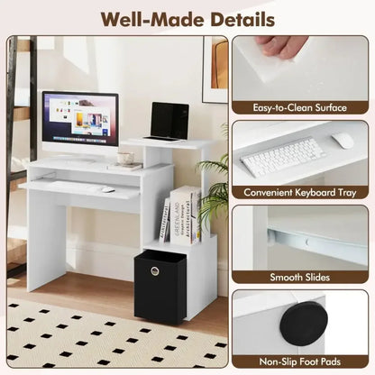 Space-Saving Computer Desk with Open Shelf and Fabric Storage Drawer - Ergo Heights