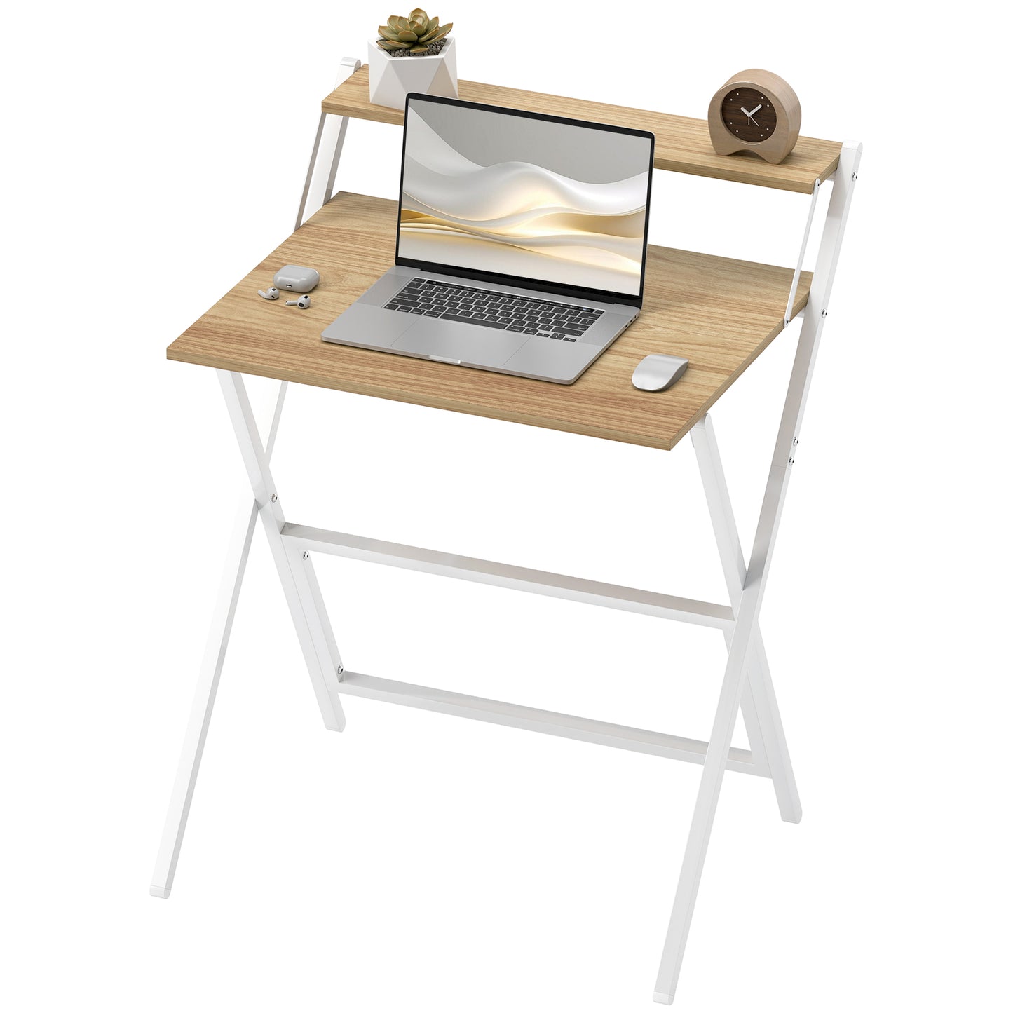 Small Folding Desk W/ Monitor Shelf 81.5 Cm Foldable Computer Desk Rustic Brown