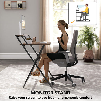 Small Folding Desk W/ Monitor Shelf 81.5 Cm Foldable Computer Desk Rustic Brown