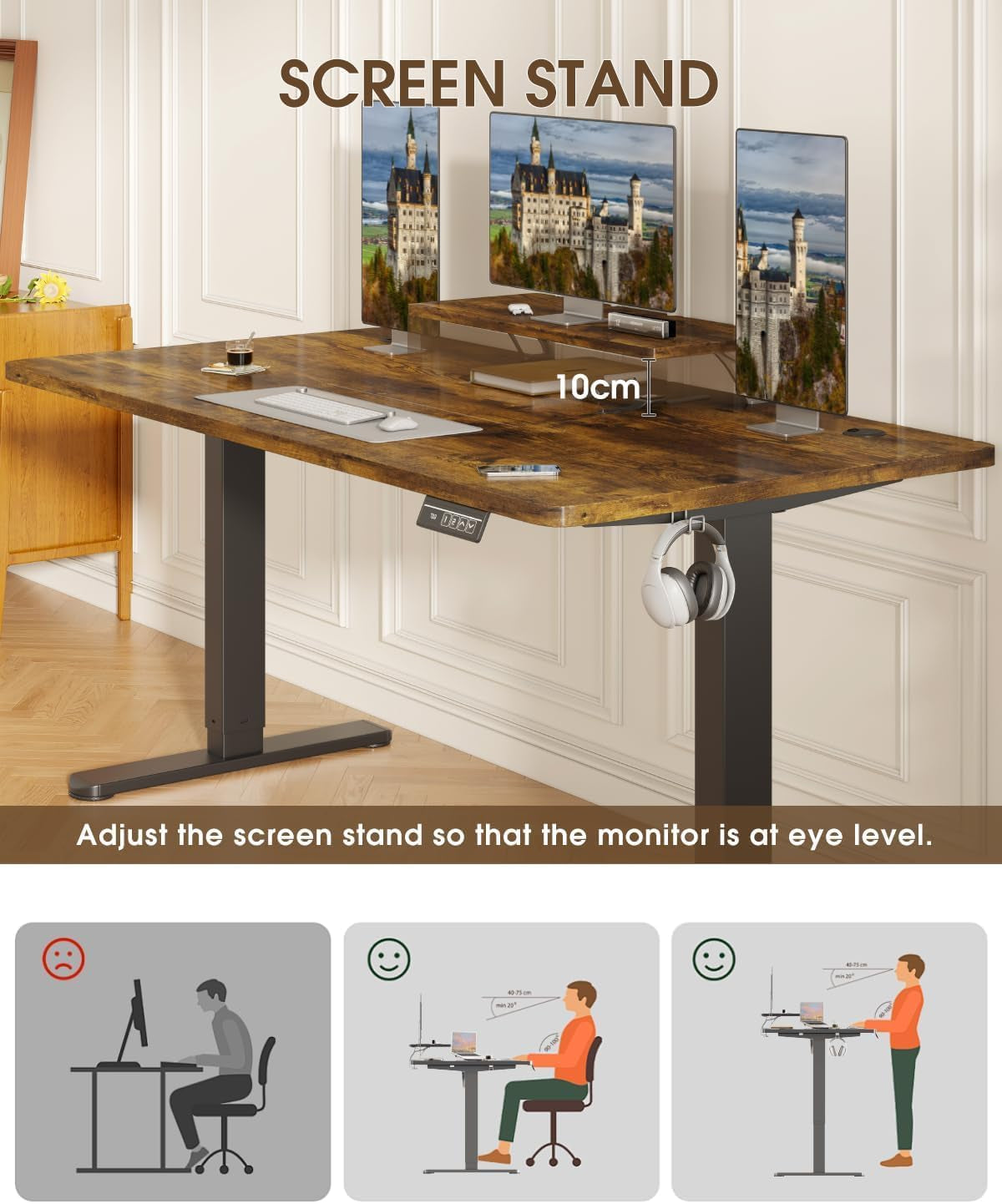 Electric Standing Desk 160 X 70Cm with Monitor Stand, Height Adjustable Desk for Gaming, Home Office Table with 2 Memory Smart Pannel (Rustic Brown)