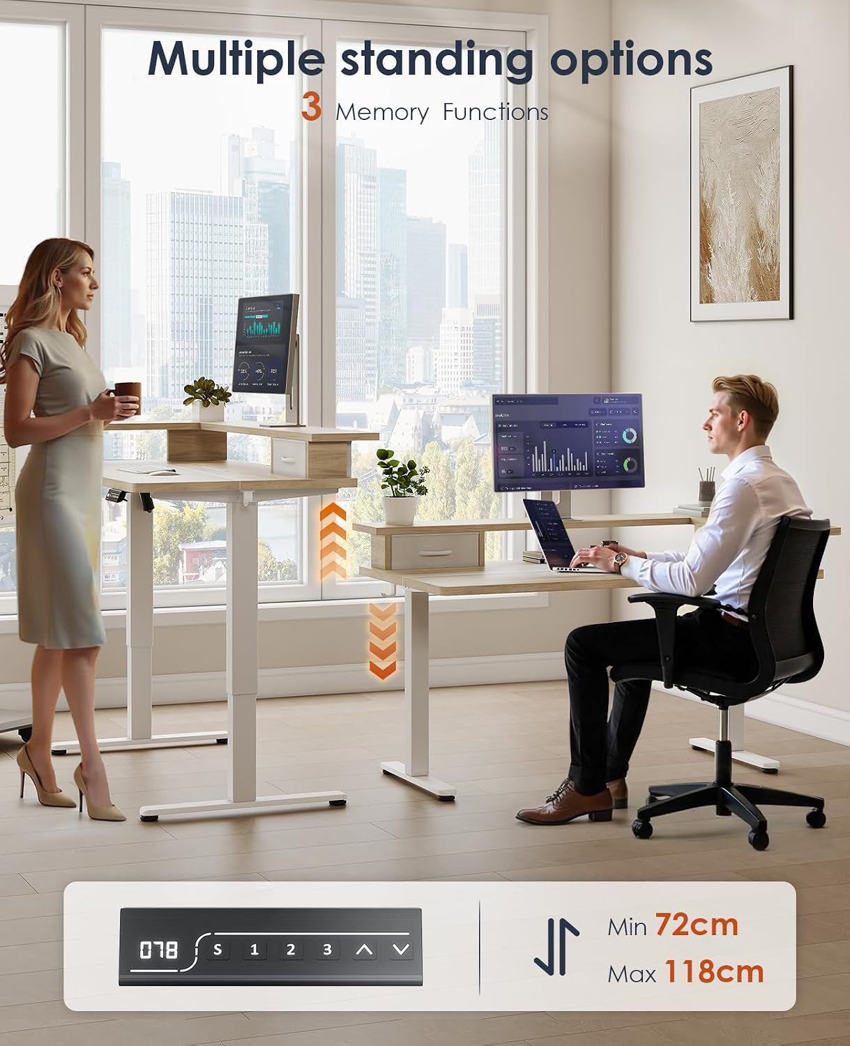 Standing Desk with Drawers & Monitor Stand, USB Port, 120Cm Beige