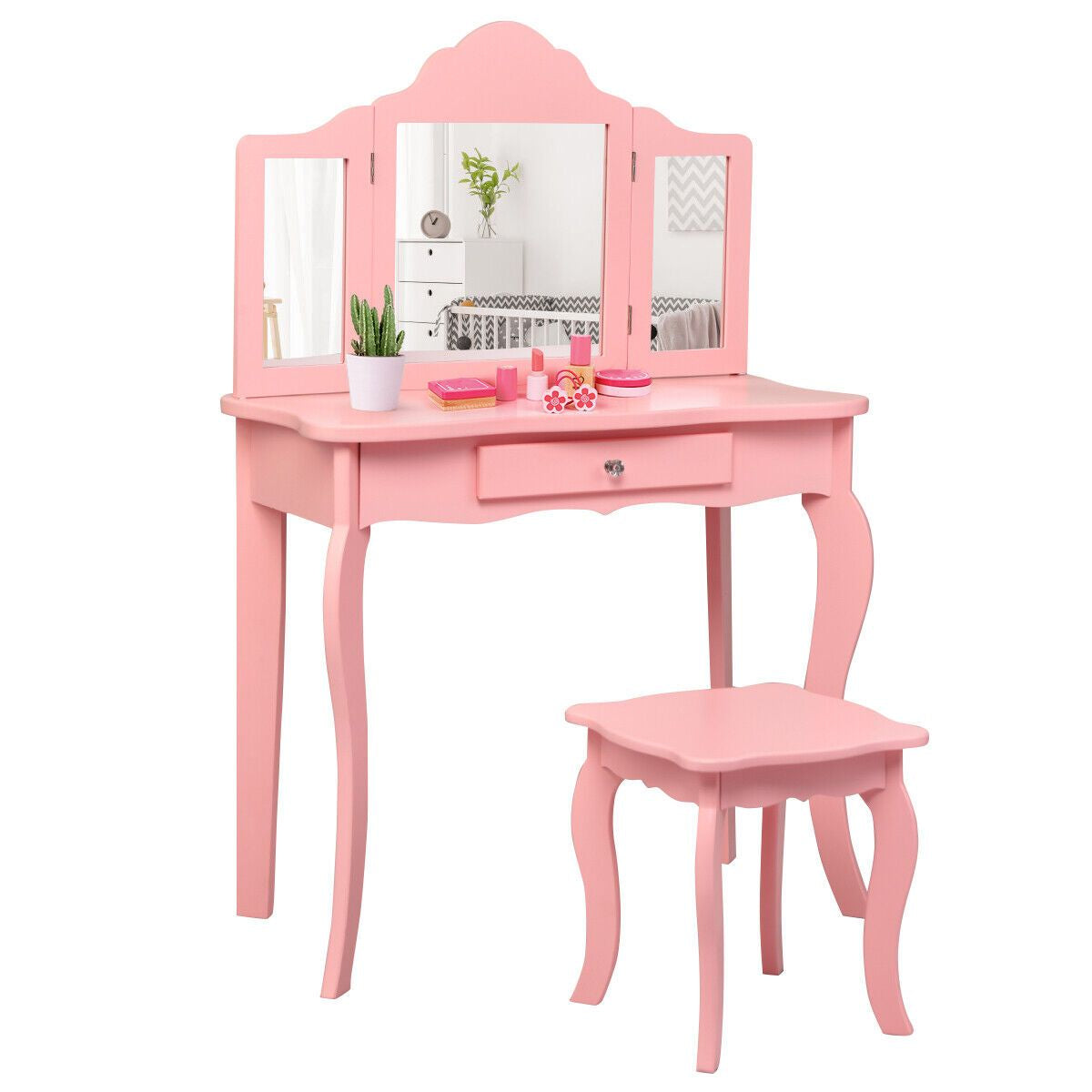 Kids Wooden Vanity Table and Stool Set with Detachable Top Folding Mirrors