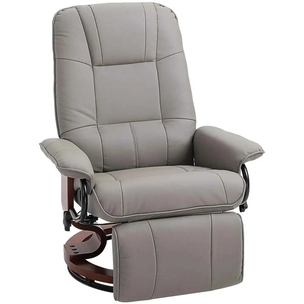 Gray faux leather recliner chair with a wooden base and black metal frame.