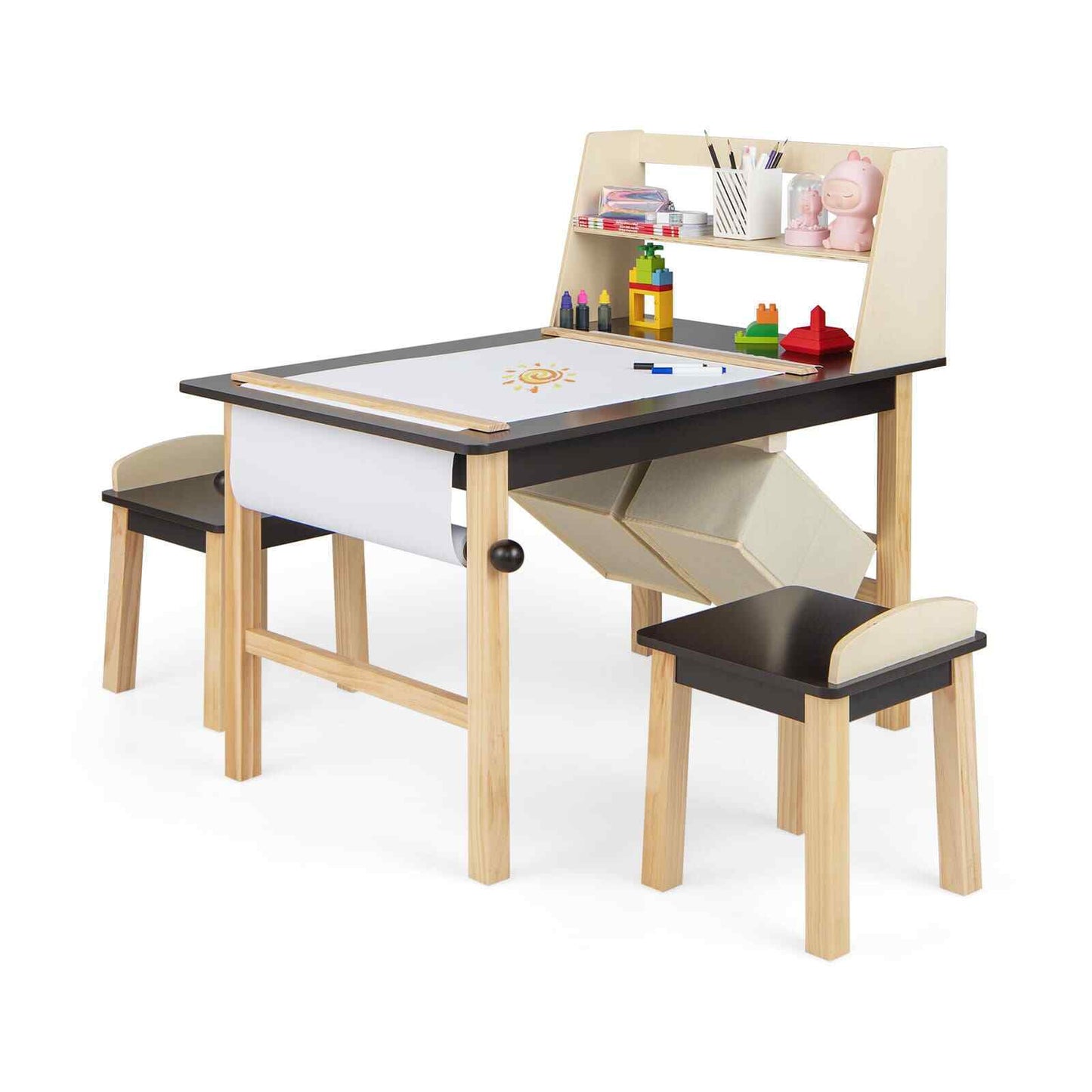 Kids Table & Chair Set Children Wooden Toddler Drawing Art Desk-Coffee