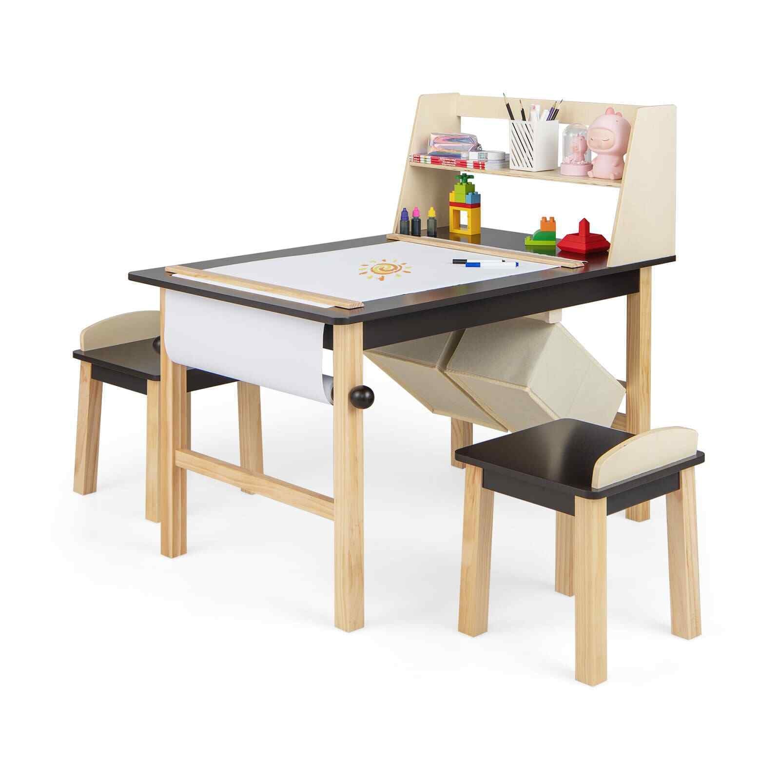 Kids Table & Chair Set Children Wooden Toddler Drawing Art Desk-Coffee
