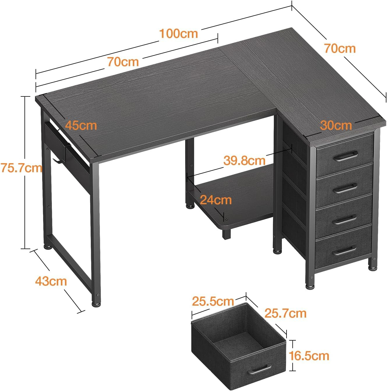 Small Corner Desk with Drawers for Home Office, 100X70 Cm, Black