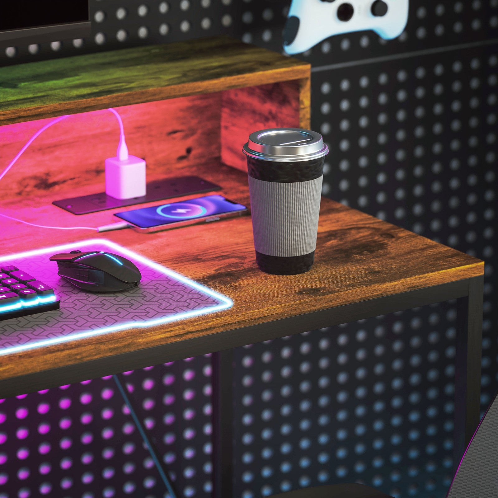 HOMCOM Computer Table with LED Lights, Gaming Desk with Shelf, Rustic Brown