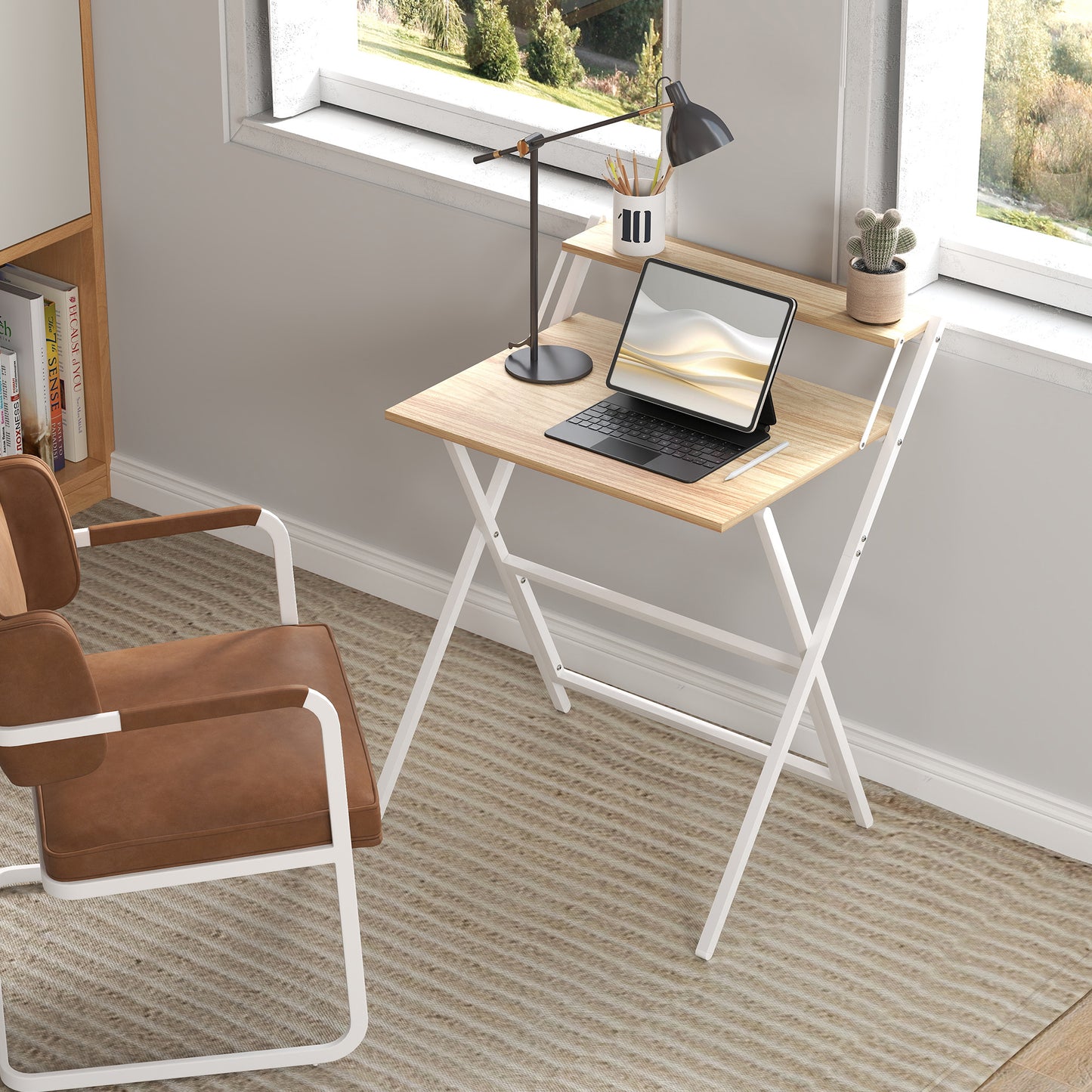 Small Folding Desk W/ Monitor Shelf 81.5 Cm Foldable Computer Desk Rustic Brown